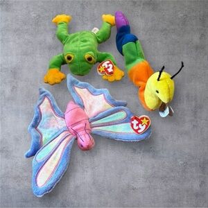 Ty Beanie Babies Green Frog, Rainbow Caterpillar, and Pastel Butterfly Set - NWT